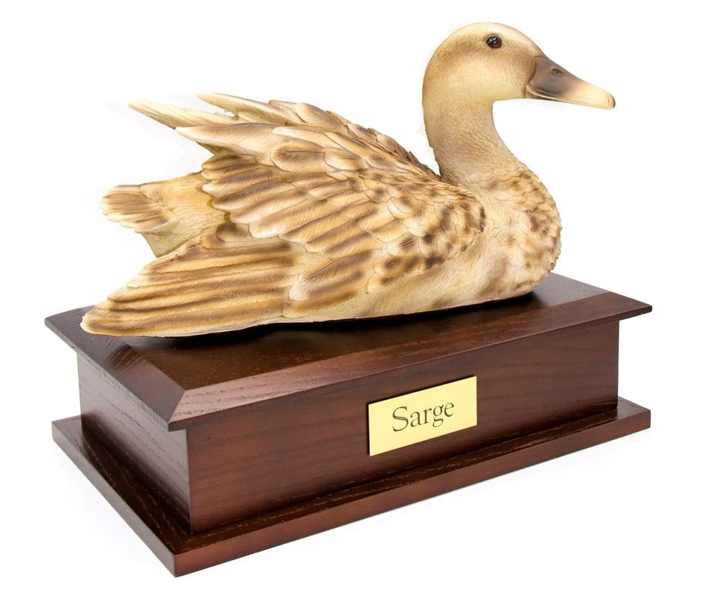 Duck Decoy Urn for dog Female Mallard Coloring on wooden storage box