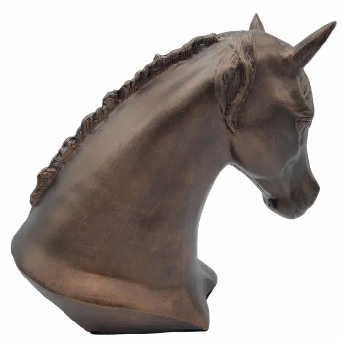 Resin horse keepsake urn with wood base, copper, side view