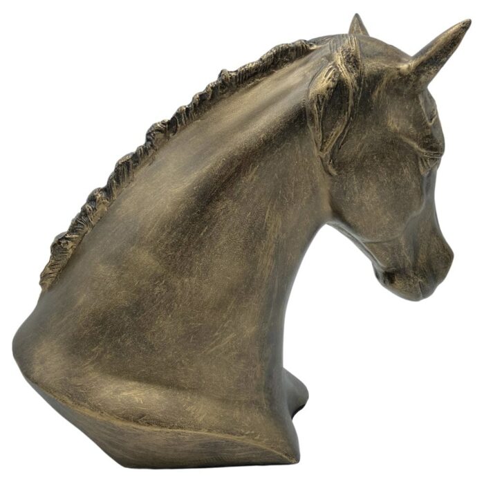 Resin horse keepsake urn with wood base, gold, side view