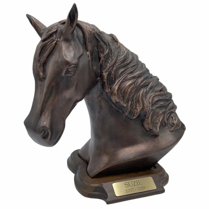 Resin horse keepsake urn with wood base, copper