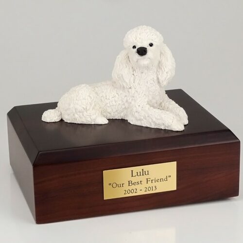 White poodle figurine urn w/wood box, laying down, standard