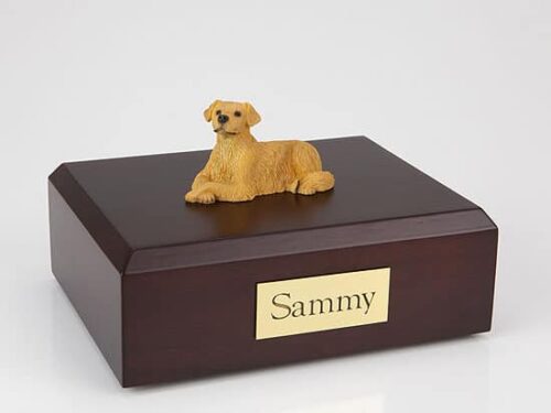 Golden retriever figurine urn w/wood box, laying down, standard