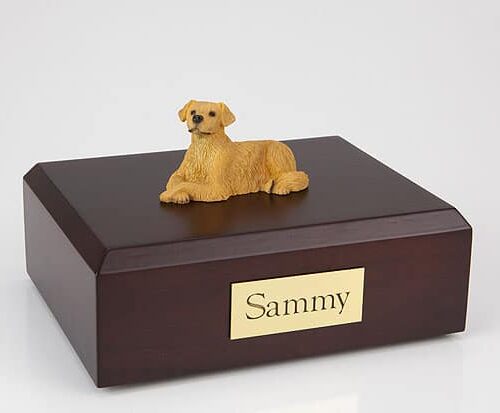 Golden retriever figurine urn w/wood box, laying down, standard