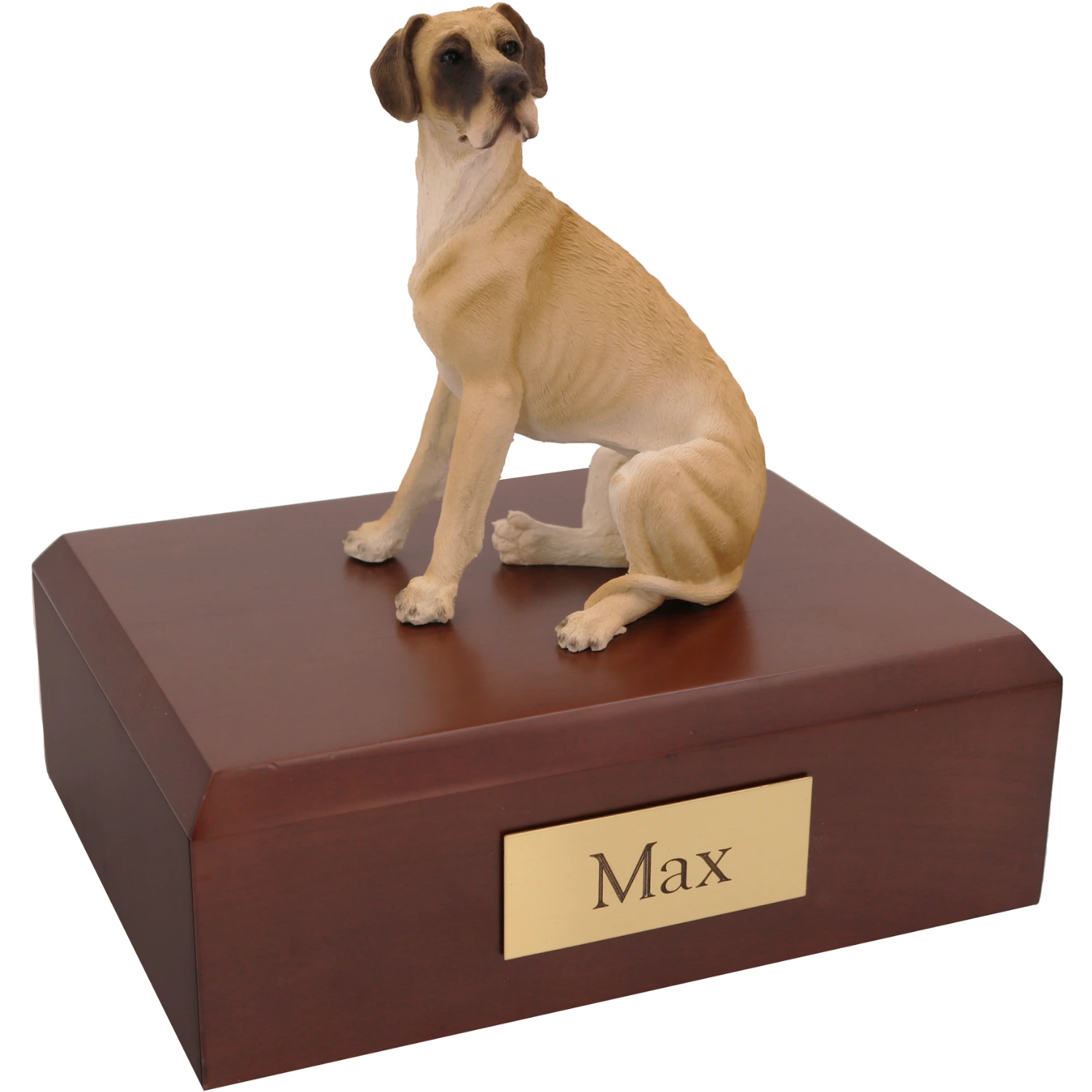Memorial cremation walnut finish urn with sitting ears down fawn Great Dane dog figurine