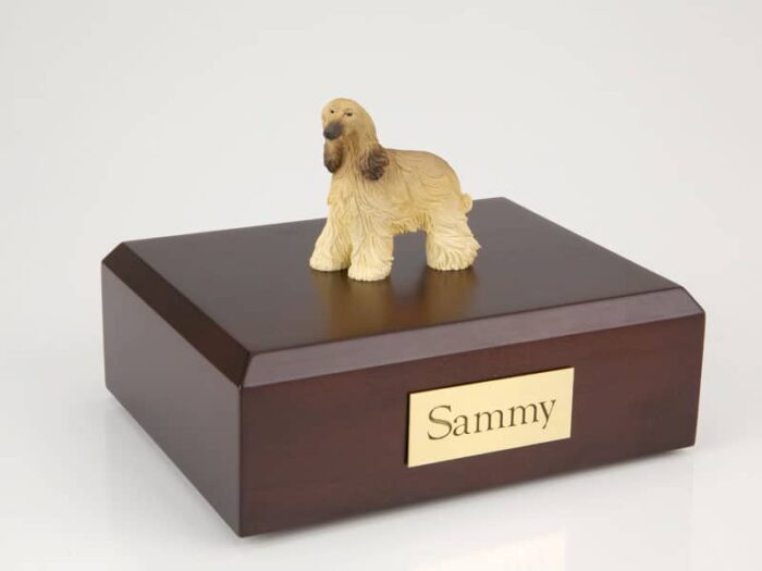 Afghan hound figurine cremation urn w/wood box,