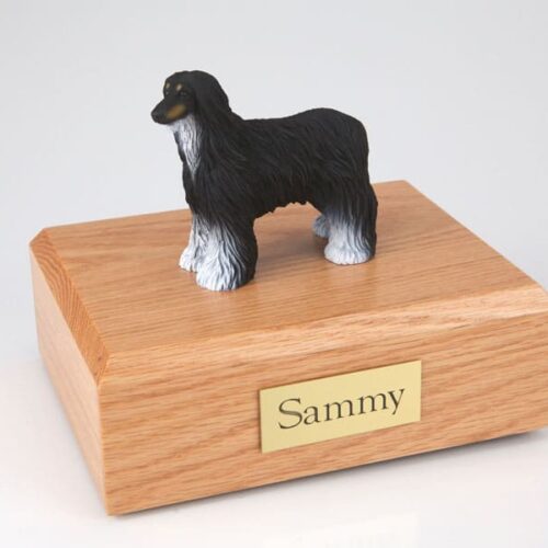 Afghan hound figurine cremation urn w/wood box,