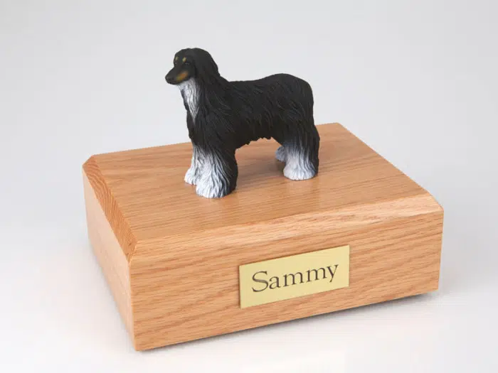 Afghan hound figurine cremation urn w/wood box,