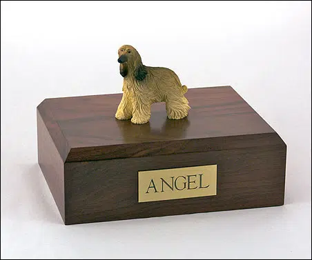 Afghan hound figurine cremation urn w/wood box,