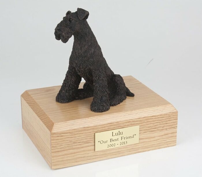 Airedale Terrier bronze figurine cremation urn w/wood box,