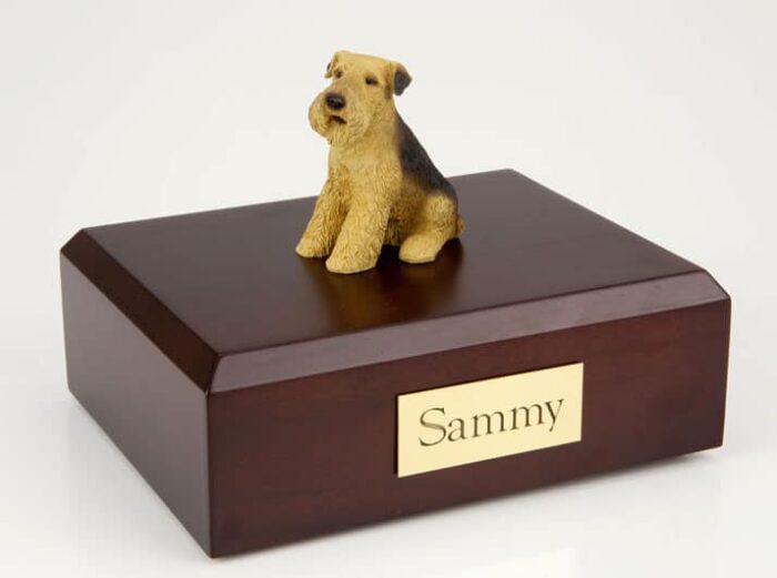 Airedale figurine cremation urn w/wood box,