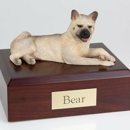 Akita, fawn figurine cremation urn w/wood box,