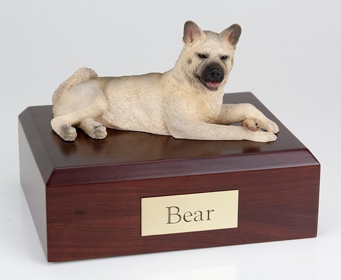 Akita, fawn figurine cremation urn w/wood box,