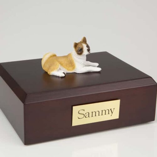 Akita figurine cremation urn w/wood box,