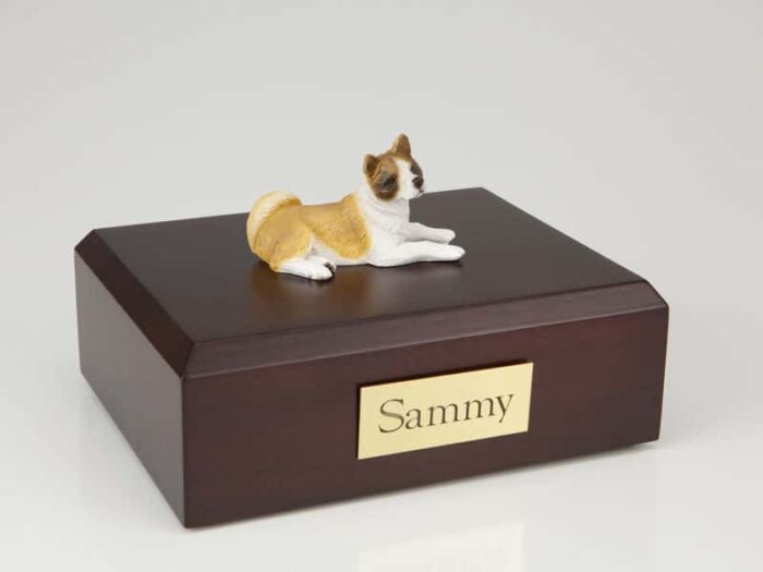 Akita figurine cremation urn w/wood box,