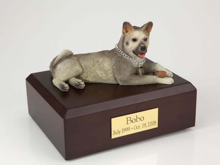 Akita, gray figurine cremation urn w/wood box,