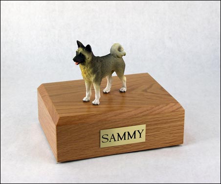 Akita, gray figurine cremation urn w/wood box,