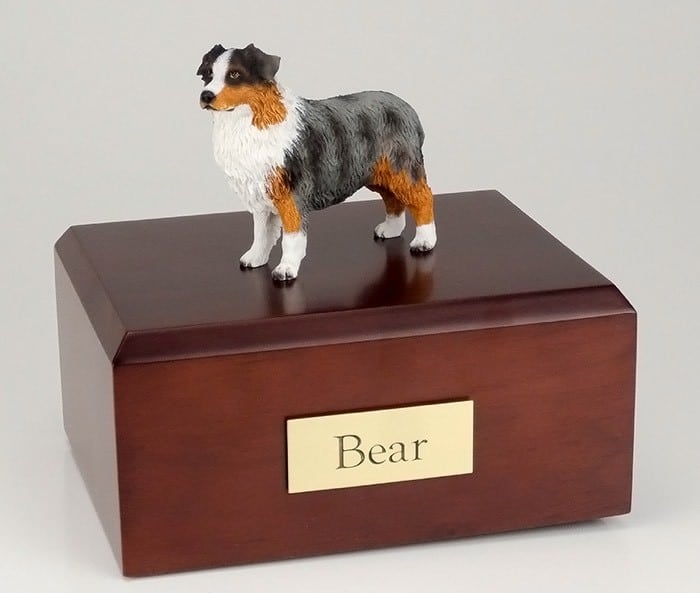 Australian Shepherd Dog figurine cremation urn w/wood box