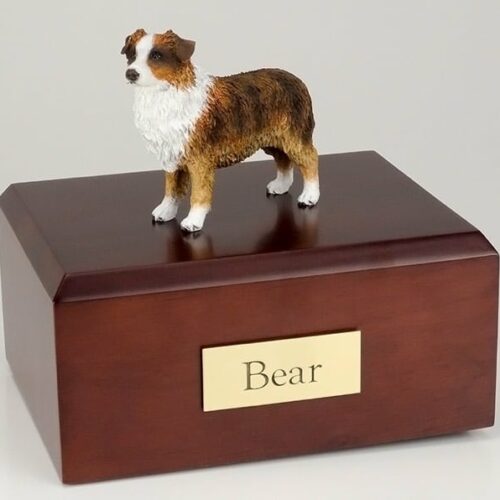 Australian Shepherd Dog figurine cremation urn w/wood box