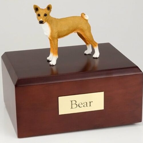 Basenji Dog figurine cremation urn w/wood box