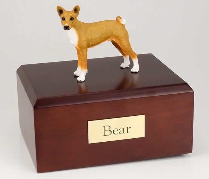 Basenji Dog figurine cremation urn w/wood box