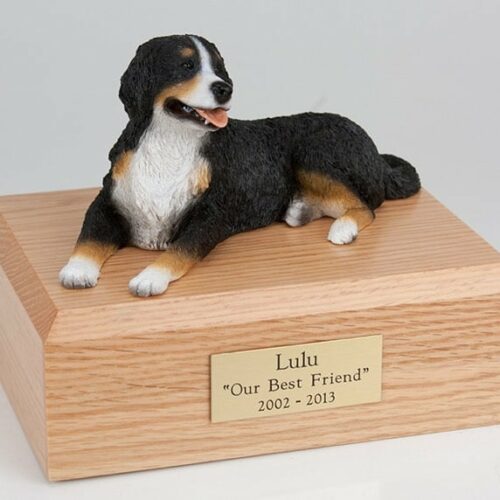 Bernese Mountain Dog figurine cremation urn w/wood box