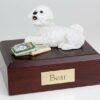 Bichon Frise figurine cremation urn w/wood box