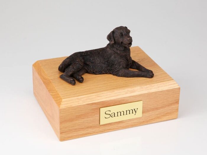 Golden retriever figurine urn w/wood box, bronze, laying down