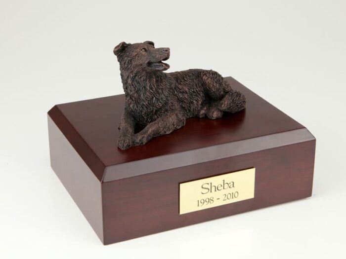 Border Collie figurine cremation urn w/wood box