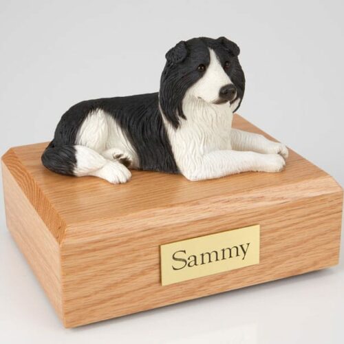 Border Collie figurine cremation urn w/wood box