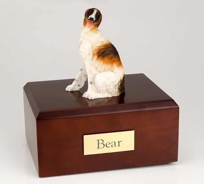 Borzoi figurine cremation urn w/wood box