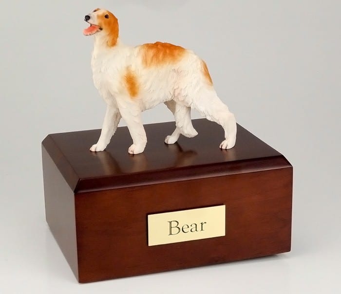 Borzoi figurine cremation urn w/wood box