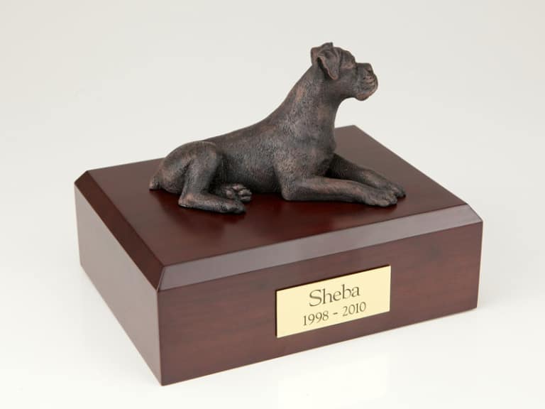 Boxer cremation figurine urn w/wooden storage box