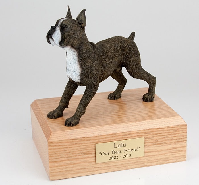 Boxer figurine cremation urn w/wood box