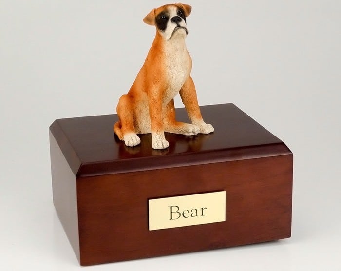 Boxer figurine cremation urn w/wood box