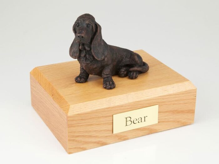 Basset Hound Dog figurine cremation urn w/wood box