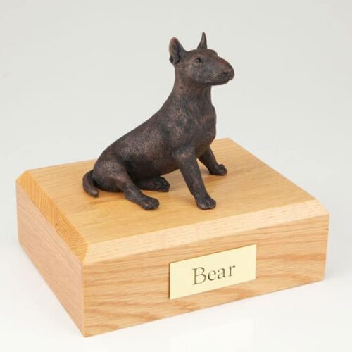 Bull Terrier figurine cremation urn w/wood box