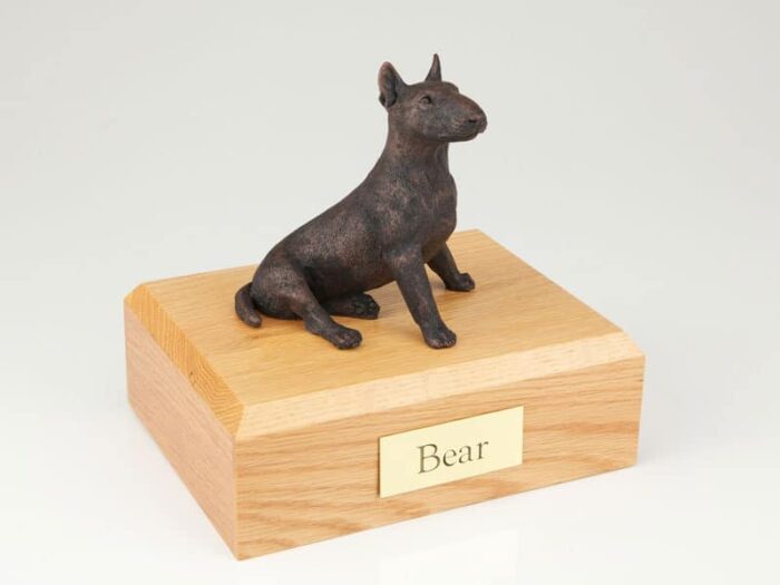 Bull Terrier figurine cremation urn w/wood box