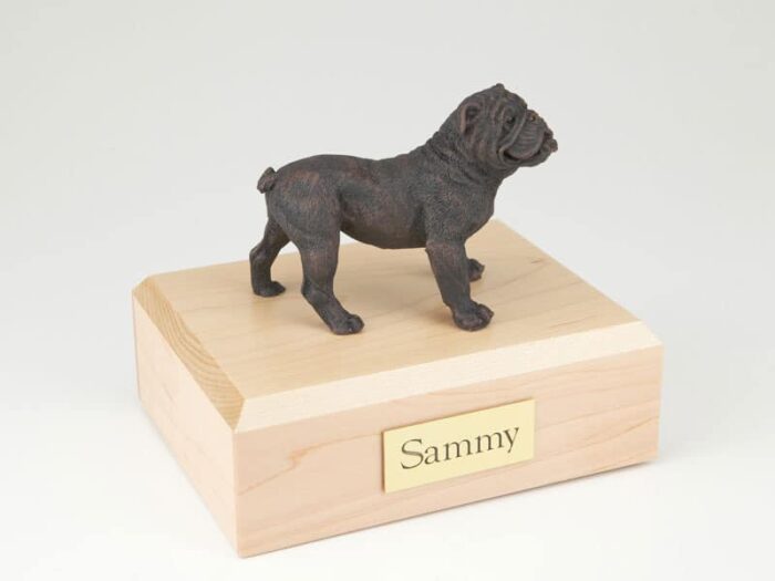 Bulldog bronze look figurine cremation urn w/wood box