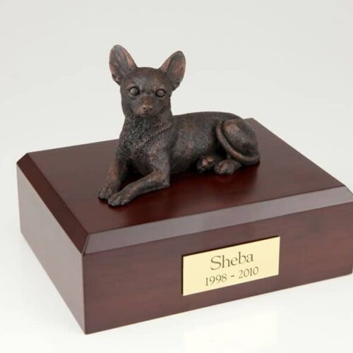 Bronze look Chihuahua figurine cremation urn w/wood box