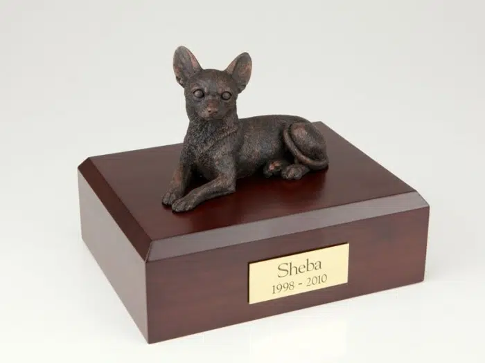 Bronze look Chihuahua figurine cremation urn w/wood box