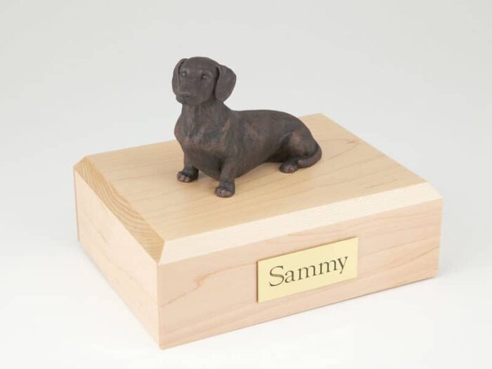 Bronze look Dachshund figurine cremation urn w/wood box