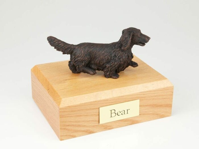 Bronze look Dachshund figurine cremation urn w/wood box