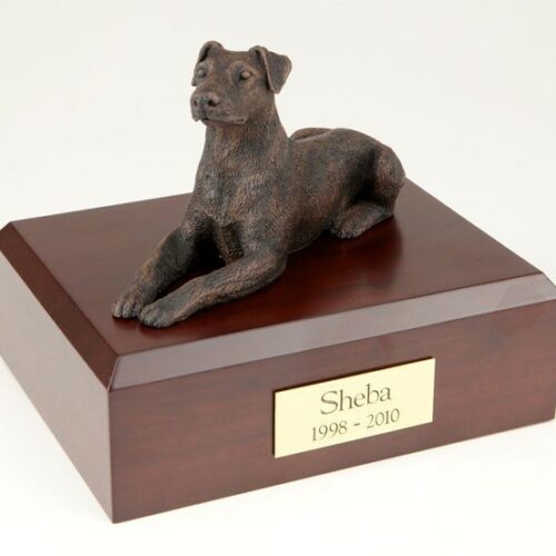 Doberman figurine cremation urn w/wood box