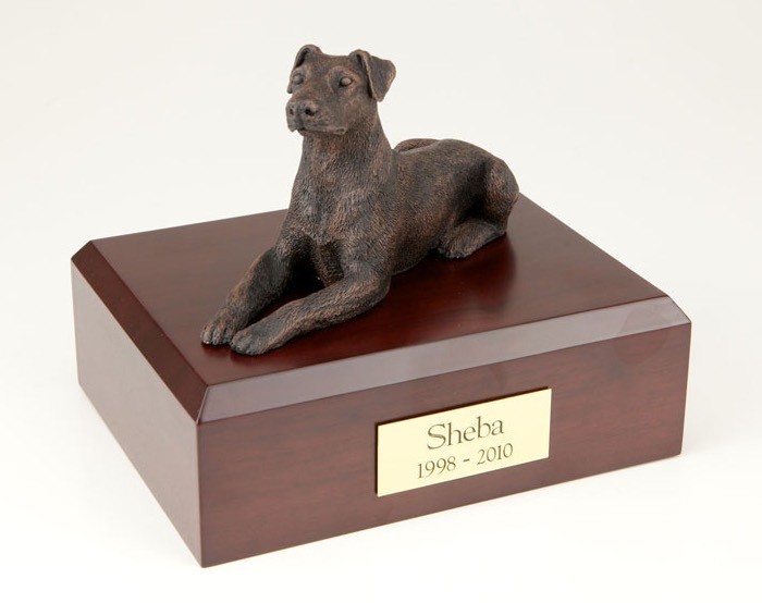 Doberman figurine cremation urn w/wood box