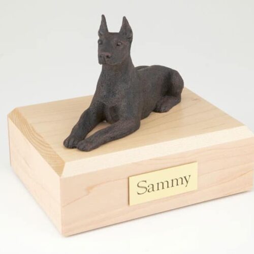 Doberman figurine cremation urn w/wood box