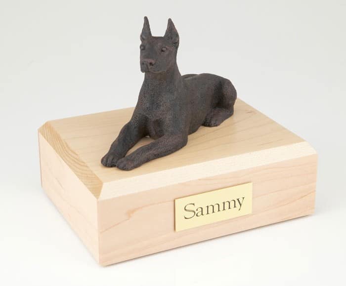 Doberman figurine cremation urn w/wood box