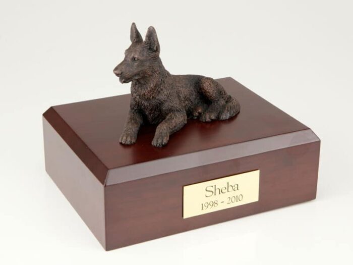 Bronze Look German Shepherd figurine cremation urn w/wood box