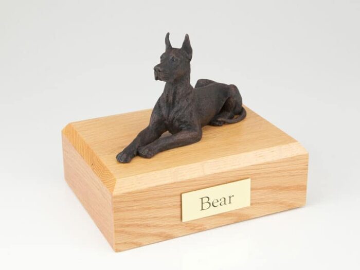 Bronze look Great Dane figurine cremation urn w/wood box