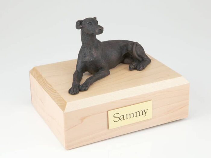 Bronze look Greyhound figurine cremation urn w/wood box