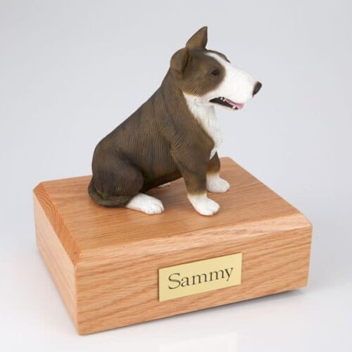 Bull Terrier brindle/white figurine cremation urn w/wood box